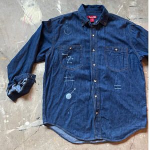 Vintage Denim Shirt, Jacket, Shirt, 90s Cotton, Mens, Painted, Alchemy Symbols